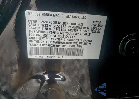 2019 Honda Pilot Exl z USA, uszkodzony, nr VIN 5FNYF6H55KB031902